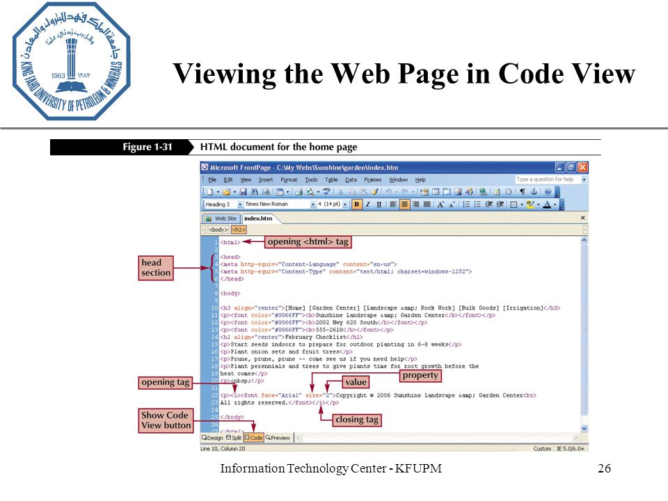 XP Information Technology Center - KFUPM26 Viewing the Web Page in Code View