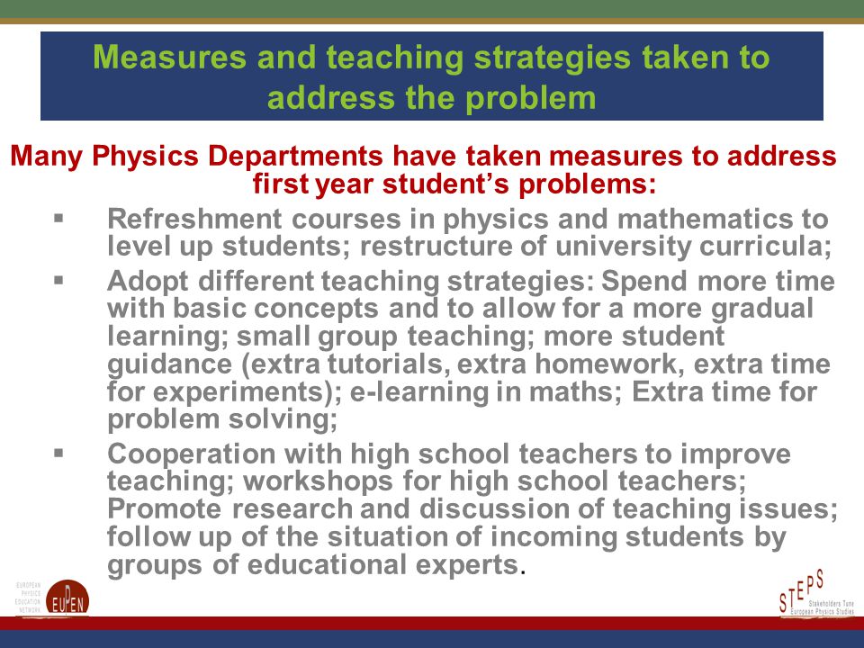 Measures and teaching strategies taken to address the problem Many Physics Departments have taken measures to address first year student’s problems:  Refreshment courses in physics and mathematics to level up students; restructure of university curricula;  Adopt different teaching strategies: Spend more time with basic concepts and to allow for a more gradual learning; small group teaching; more student guidance (extra tutorials, extra homework, extra time for experiments); e-learning in maths; Extra time for problem solving;  Cooperation with high school teachers to improve teaching; workshops for high school teachers; Promote research and discussion of teaching issues; follow up of the situation of incoming students by groups of educational experts.