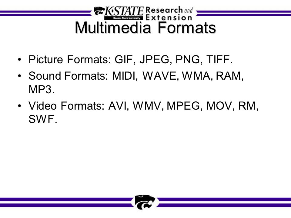 Multimedia Formats Picture Formats: GIF, JPEG, PNG, TIFF.