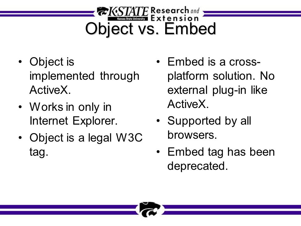 Object vs. Embed Object is implemented through ActiveX.