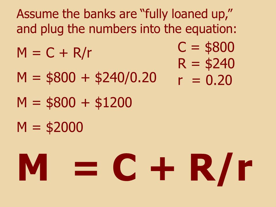 M = C + R/r Assume the banks are fully loaned up, and plug the numbers into the equation: M = C + R/r M = $800 + $240/0.20 M = $800 + $1200 M = $2000 C = $800 R = $240 r = 0.20