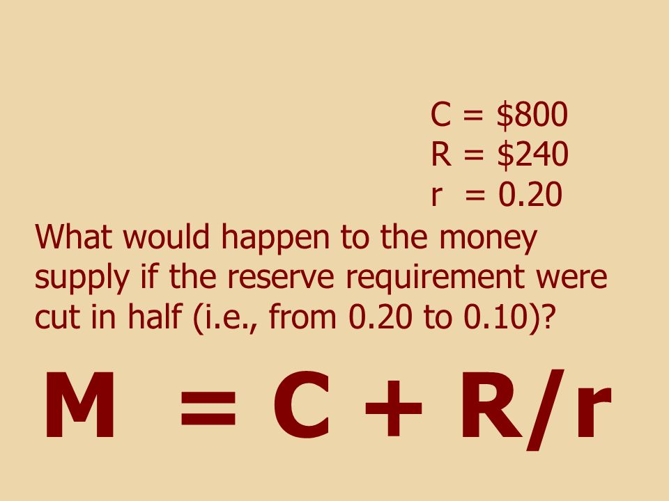 M = C + R/r What would happen to the money supply if the reserve requirement were cut in half (i.e., from 0.20 to 0.10).