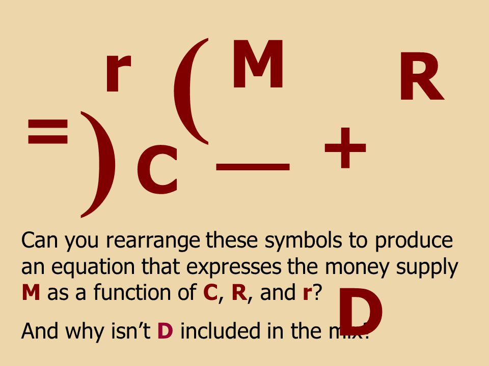 r R ( ) = C + M Can you rearrange these symbols to produce an equation that expresses the money supply M as a function of C, R, and r.