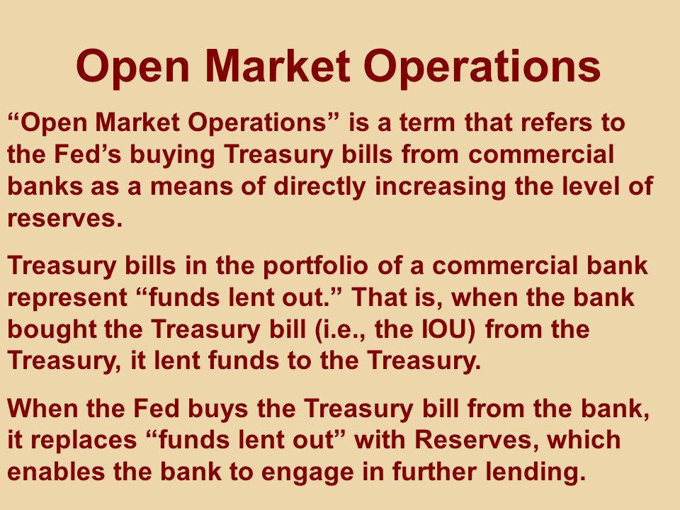 Open Market Operations Open Market Operations is a term that refers to the Fed’s buying Treasury bills from commercial banks as a means of directly increasing the level of reserves.
