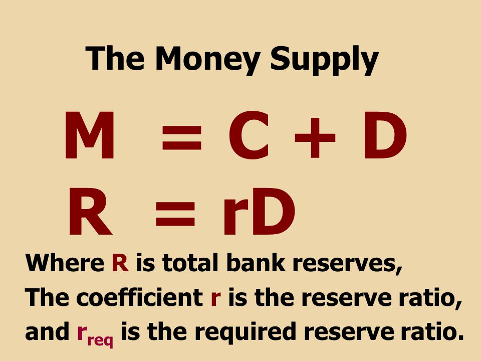 M = C + D The Money Supply R = rD Where R is total bank reserves, The coefficient r is the reserve ratio, and r req is the required reserve ratio.