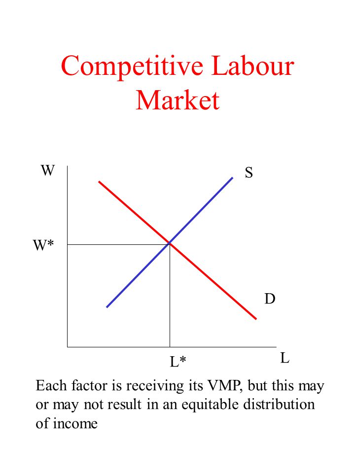 Competitive Labour Market D S L W L* W* Each factor is receiving its VMP, but this may or may not result in an equitable distribution of income