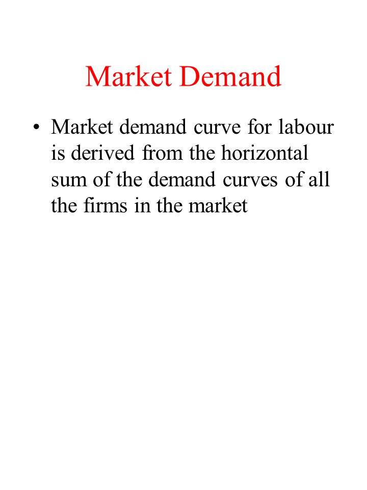 Market Demand Market demand curve for labour is derived from the horizontal sum of the demand curves of all the firms in the market