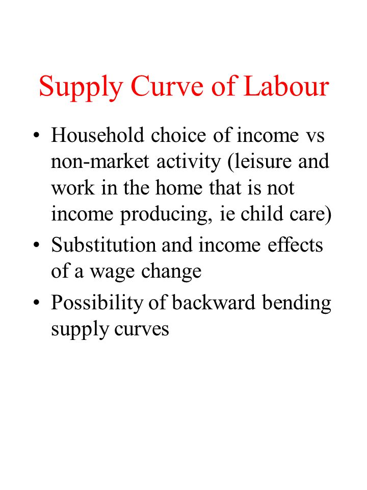 Supply Curve of Labour Household choice of income vs non-market activity (leisure and work in the home that is not income producing, ie child care) Substitution and income effects of a wage change Possibility of backward bending supply curves