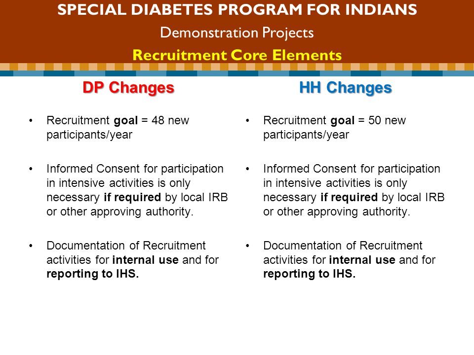 SDPI Competitive Grant Program DP Changes Recruitment goal = 48 new participants/year Informed Consent for participation in intensive activities is only necessary if required by local IRB or other approving authority.