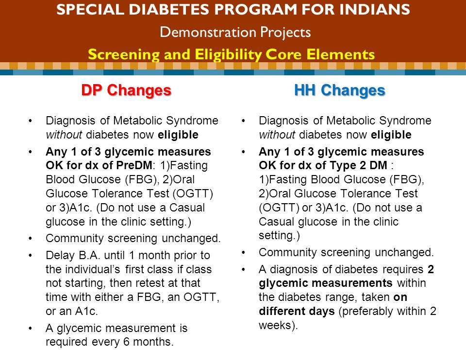 SDPI Competitive Grant Program DP Changes Diagnosis of Metabolic Syndrome without diabetes now eligible Any 1 of 3 glycemic measures OK for dx of PreDM: 1)Fasting Blood Glucose (FBG), 2)Oral Glucose Tolerance Test (OGTT) or 3)A1c.