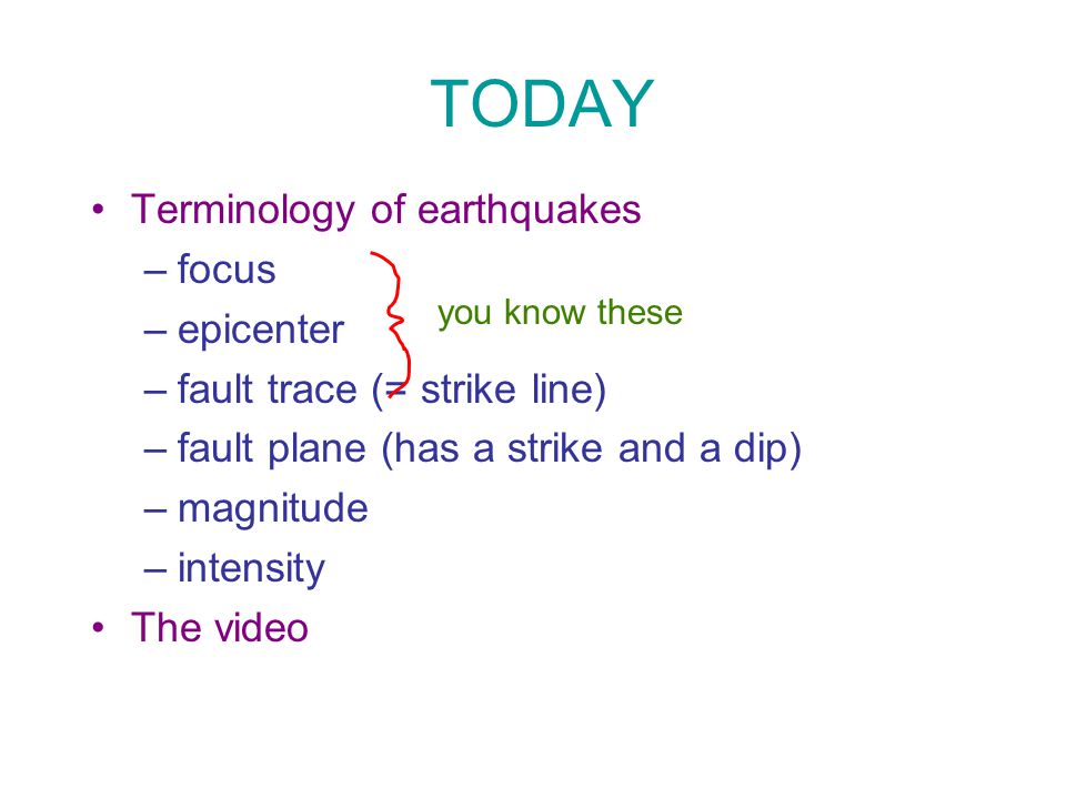 TODAY Terminology of earthquakes –focus –epicenter –fault trace (= strike line) –fault plane (has a strike and a dip) –magnitude –intensity The video you know these