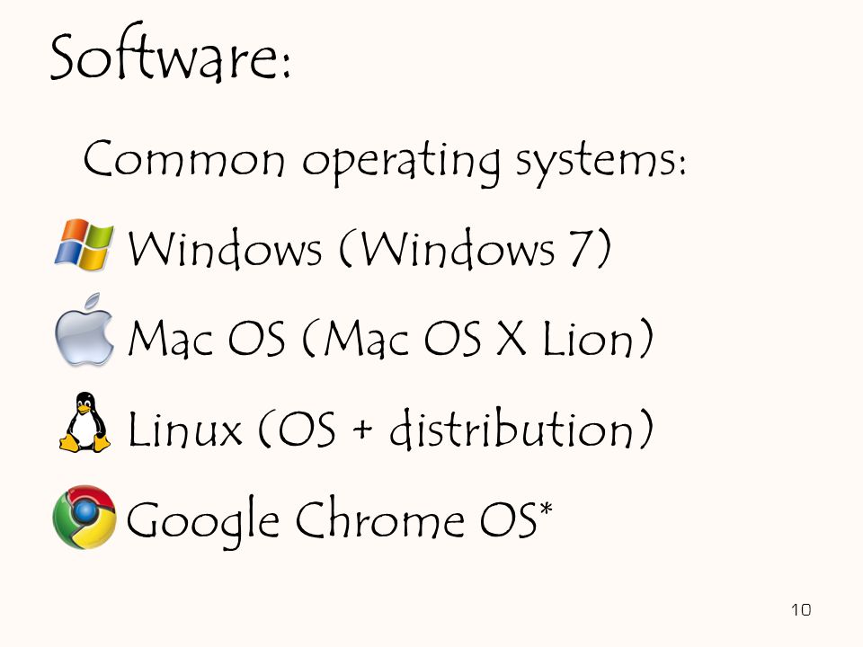 10 Software: Common operating systems: Windows (Windows 7) Mac OS (Mac OS X Lion) Linux (OS + distribution) Google Chrome OS*