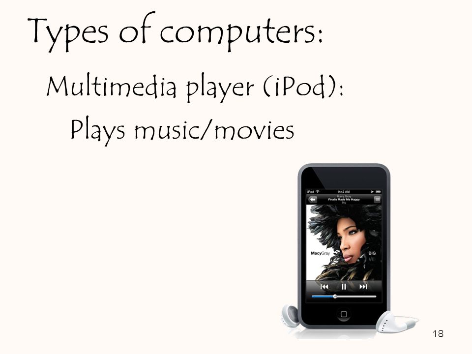 Multimedia player (iPod): Plays music/movies 18 Types of computers: