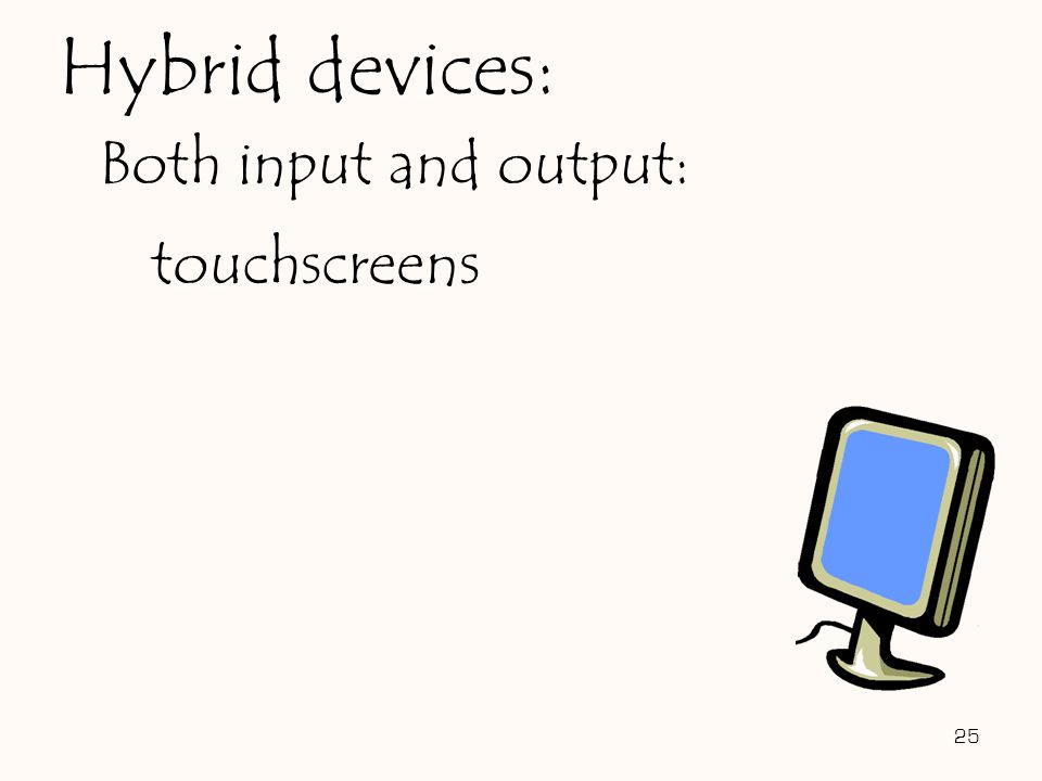 Both input and output: touchscreens 25 Hybrid devices: