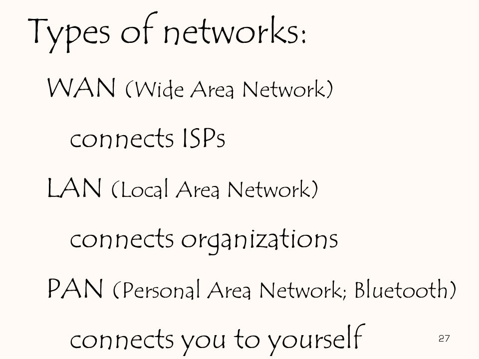 WAN (Wide Area Network) connects ISPs LAN (Local Area Network) connects organizations PAN (Personal Area Network; Bluetooth) connects you to yourself 27 Types of networks: