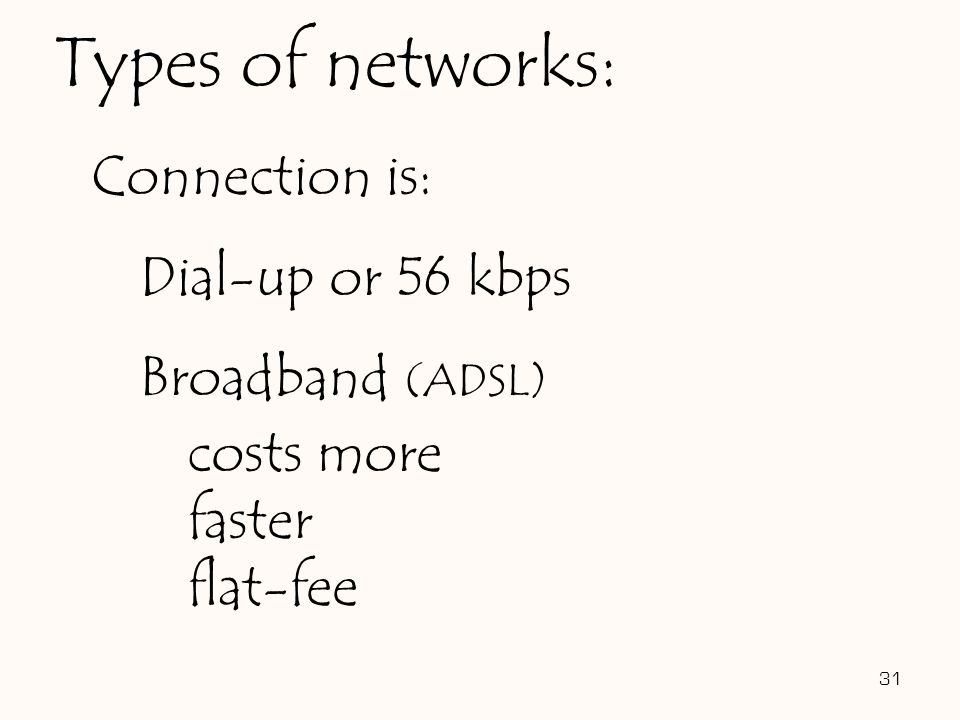 31 Types of networks: Connection is: Dial-up or 56 kbps Broadband (ADSL) costs more faster flat-fee