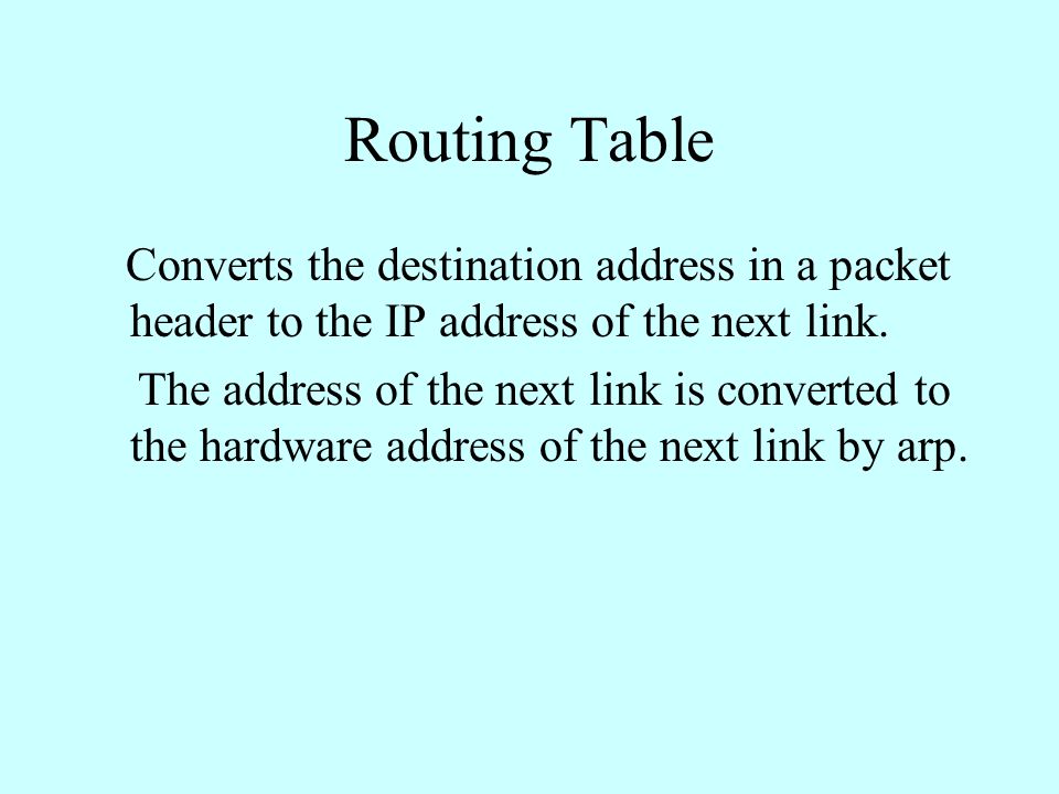 Routing Table Converts the destination address in a packet header to the IP address of the next link.
