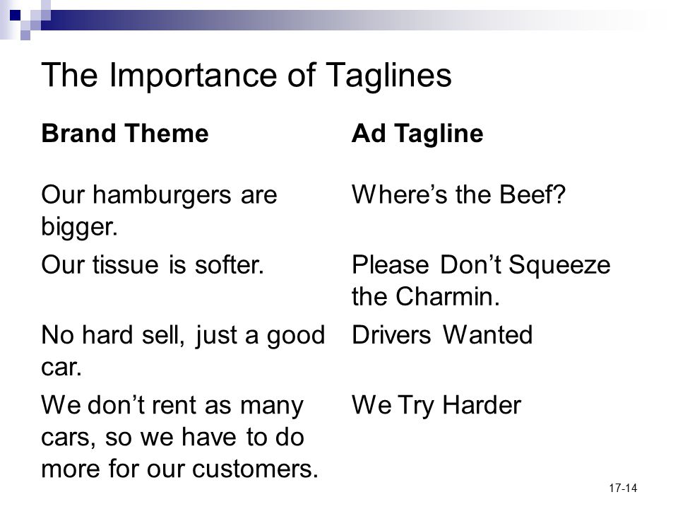 17-14 The Importance of Taglines Brand ThemeAd Tagline Our hamburgers are bigger.