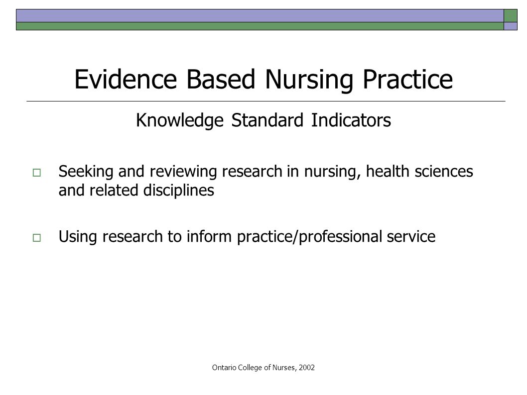 Ontario College of Nurses, 2002 Evidence Based Nursing Practice Knowledge Standard Indicators  Seeking and reviewing research in nursing, health sciences and related disciplines  Using research to inform practice/professional service