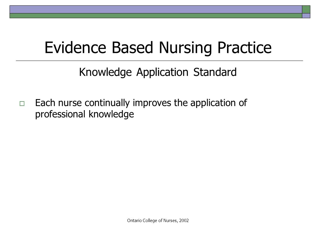 Ontario College of Nurses, 2002 Evidence Based Nursing Practice Knowledge Application Standard  Each nurse continually improves the application of professional knowledge