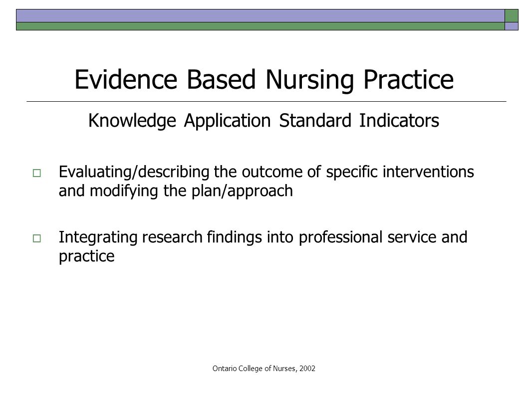 Ontario College of Nurses, 2002 Evidence Based Nursing Practice Knowledge Application Standard Indicators  Evaluating/describing the outcome of specific interventions and modifying the plan/approach  Integrating research findings into professional service and practice
