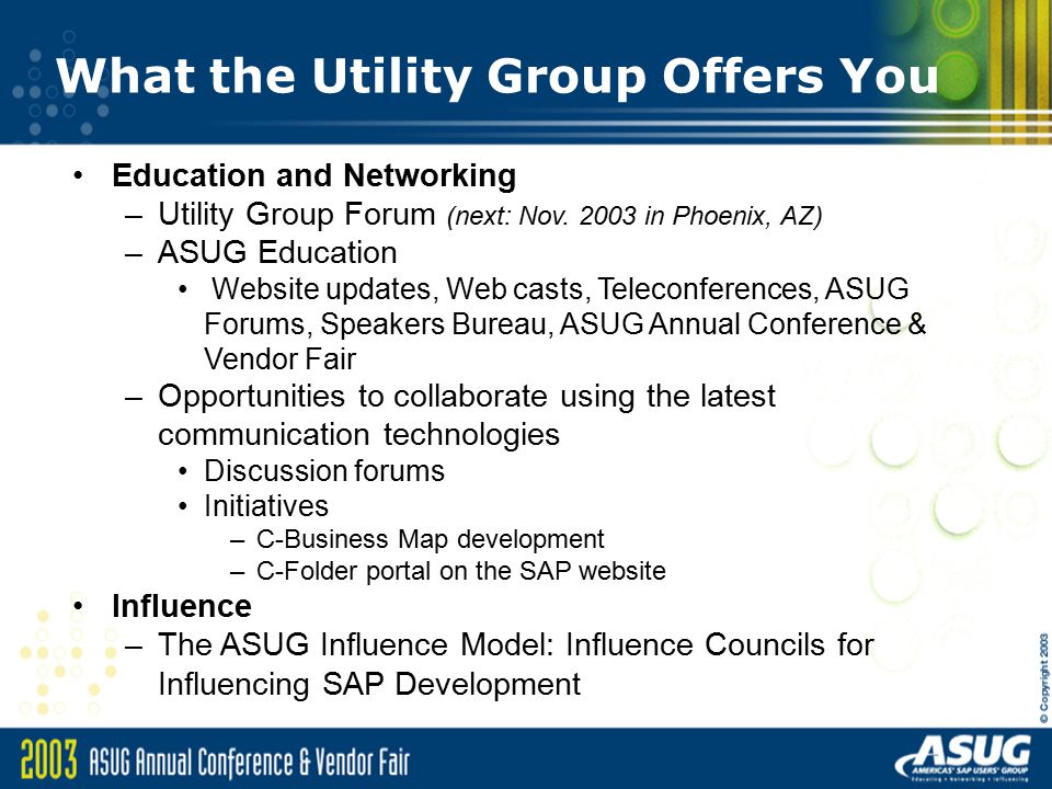 USIG Events and Opportunities The Utility Special Interest Group within the America SAP Users Group –Features and Benefits of Membership Introduction of the USIG Leadership Team for 2002 – 2003 Next steps for USIG members –The Value Proposition for volunteers Leadership and Collaborative opportunities in USIG for 2003 – 2004 Networking and Education objectives for upcoming year –Conduct annual USIG meeting, October 2003, in Phoenix AZ –Coordinate meeting in conjunction with the Plant Maintenance