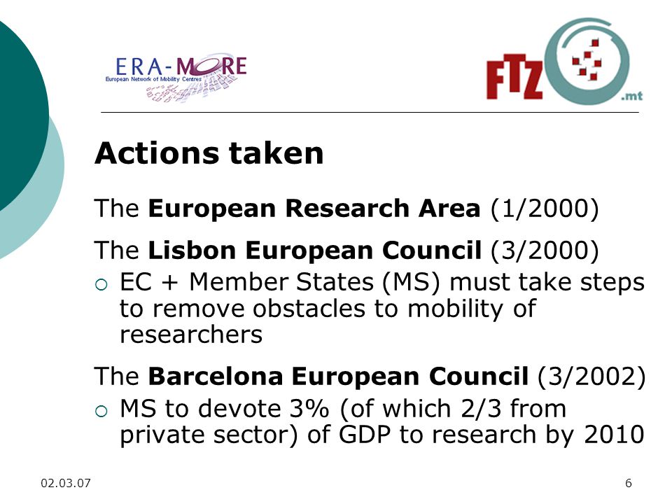 Actions taken The European Research Area (1/2000) The Lisbon European Council (3/2000)  EC + Member States (MS) must take steps to remove obstacles to mobility of researchers The Barcelona European Council (3/2002)  MS to devote 3% (of which 2/3 from private sector) of GDP to research by 2010