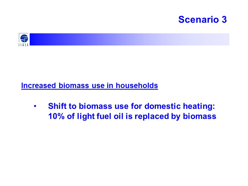 Scenario 3 Increased biomass use in households Shift to biomass use for domestic heating: 10% of light fuel oil is replaced by biomass