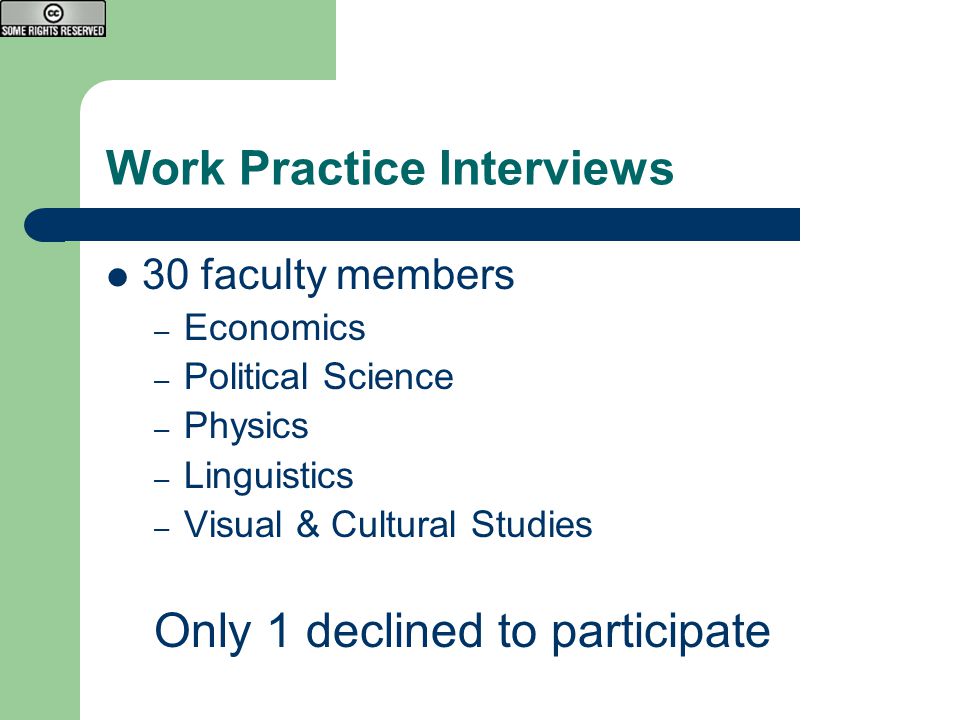 Work Practice Interviews 30 faculty members – Economics – Political Science – Physics – Linguistics – Visual & Cultural Studies Only 1 declined to participate