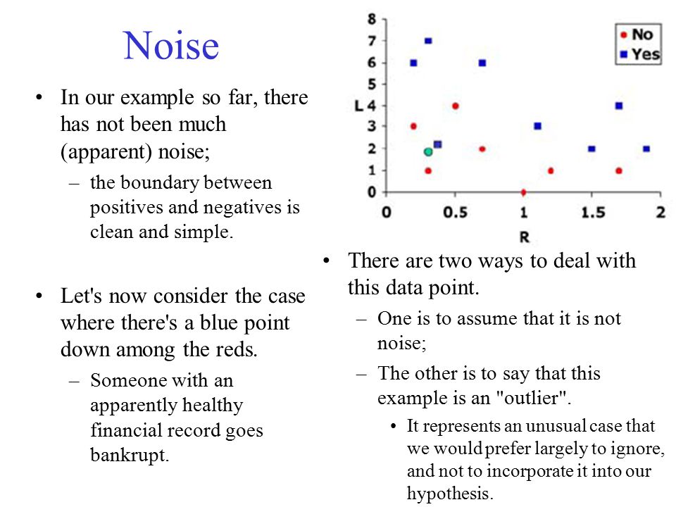 Noise In our example so far, there has not been much (apparent) noise; –the boundary between positives and negatives is clean and simple.