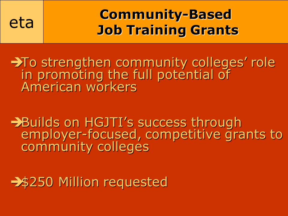 eta Community-Based Job Training Grants  To strengthen community colleges’ role in promoting the full potential of American workers  Builds on HGJTI’s success through employer-focused, competitive grants to community colleges  $250 Million requested