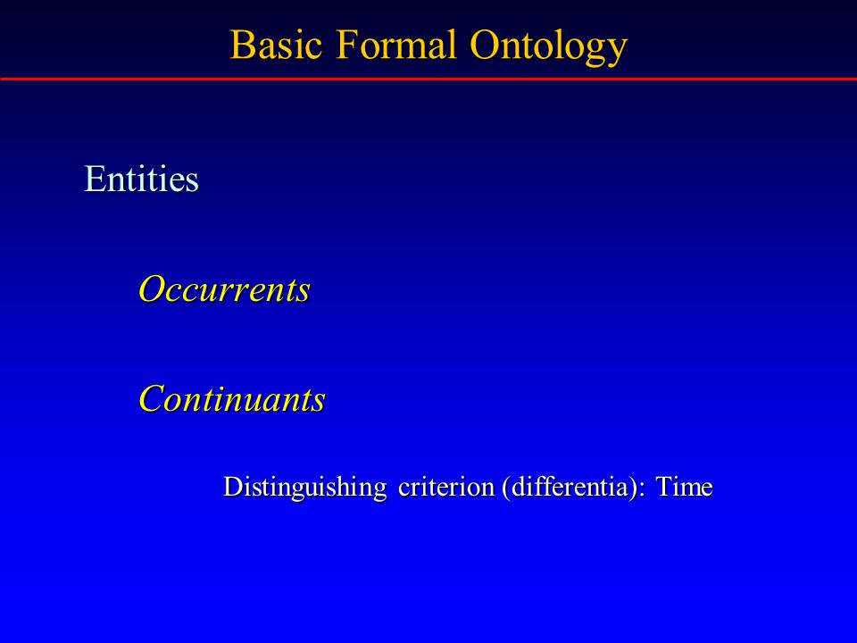 Basic Formal Ontology EntitiesOccurrentsContinuants Distinguishing criterion (differentia): Time