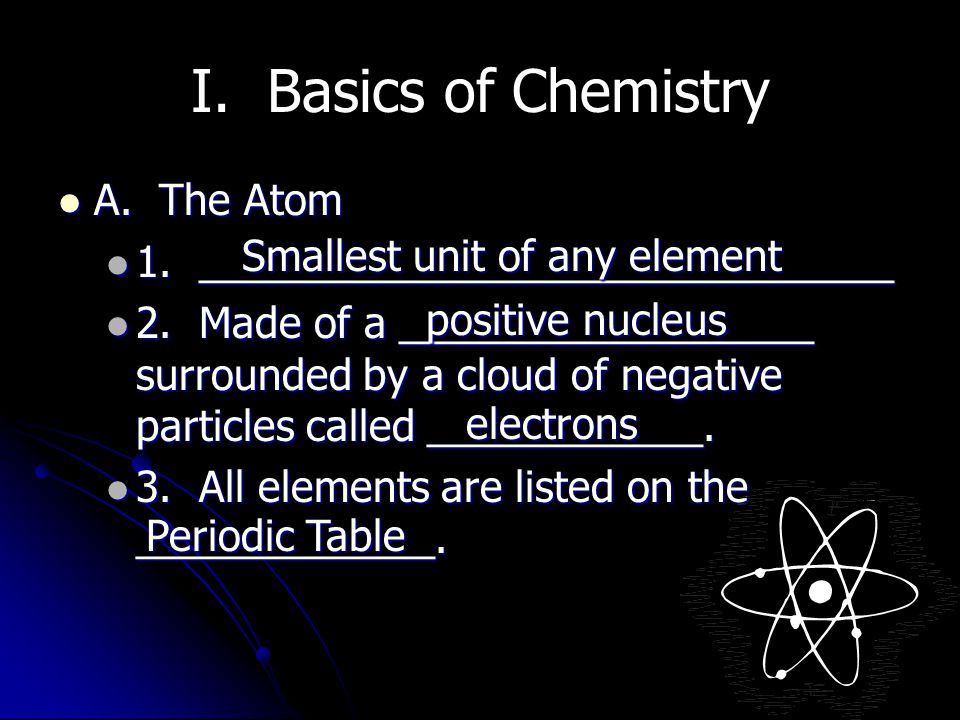 I. Basics of Chemistry A. The Atom A. The Atom 1.