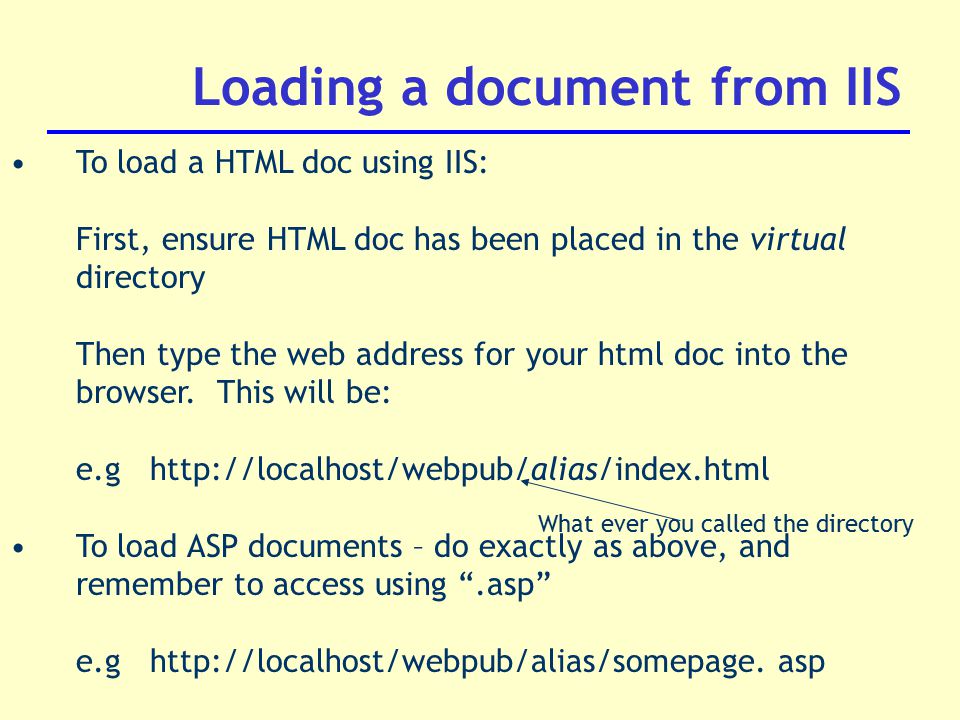 Loading a document from IIS To load a HTML doc using IIS: First, ensure HTML doc has been placed in the virtual directory Then type the web address for your html doc into the browser.