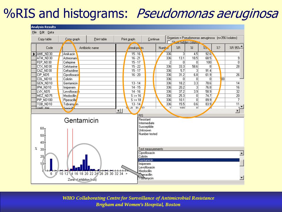 WHO Collaborating Centre for Surveillance of Antimicrobial Resistance Brigham and Women’s Hospital, Boston %RIS and histograms: Pseudomonas aeruginosa