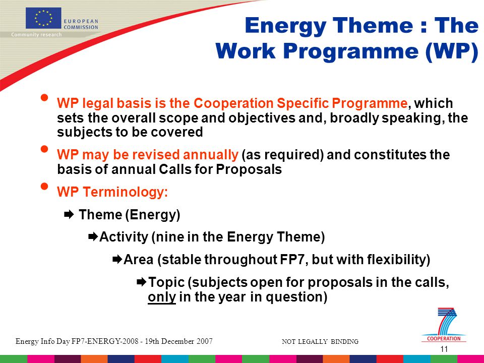 11 Energy Info Day FP7-ENERGY th December 2007 NOT LEGALLY BINDING Energy Theme : The Work Programme (WP) WP legal basis is the Cooperation Specific Programme, which sets the overall scope and objectives and, broadly speaking, the subjects to be covered WP may be revised annually (as required) and constitutes the basis of annual Calls for Proposals WP Terminology:  Theme (Energy)  Activity (nine in the Energy Theme)  Area (stable throughout FP7, but with flexibility)  Topic (subjects open for proposals in the calls, only in the year in question)