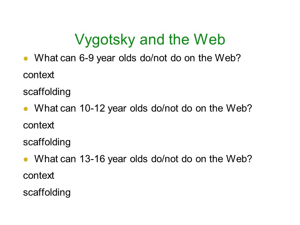 Vygotsky and the Web What can 6-9 year olds do/not do on the Web.