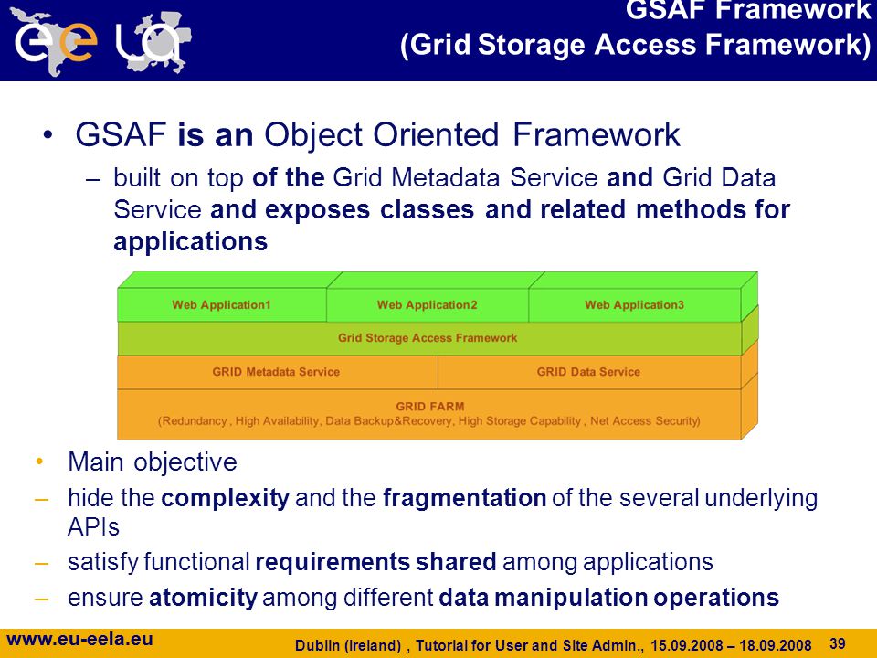 39   Dublin (Ireland), Tutorial for User and Site Admin., – GSAF Framework (Grid Storage Access Framework) GSAF is an Object Oriented Framework –built on top of the Grid Metadata Service and Grid Data Service and exposes classes and related methods for applications Main objective –hide the complexity and the fragmentation of the several underlying APIs –satisfy functional requirements shared among applications –ensure atomicity among different data manipulation operations