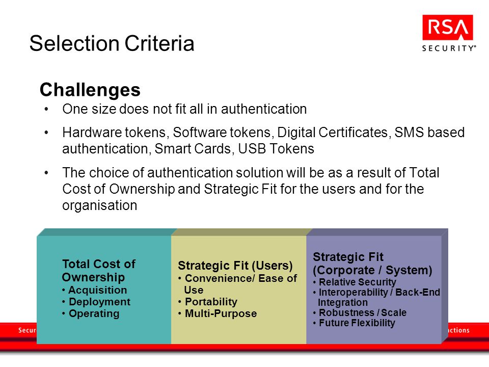 Selection Criteria One size does not fit all in authentication Hardware tokens, Software tokens, Digital Certificates, SMS based authentication, Smart Cards, USB Tokens The choice of authentication solution will be as a result of Total Cost of Ownership and Strategic Fit for the users and for the organisation Challenges Total Cost of Ownership Acquisition Deployment Operating Strategic Fit (Users) Convenience/ Ease of Use Portability Multi-Purpose Strategic Fit (Corporate / System) Relative Security Interoperability / Back-End Integration Robustness / Scale Future Flexibility