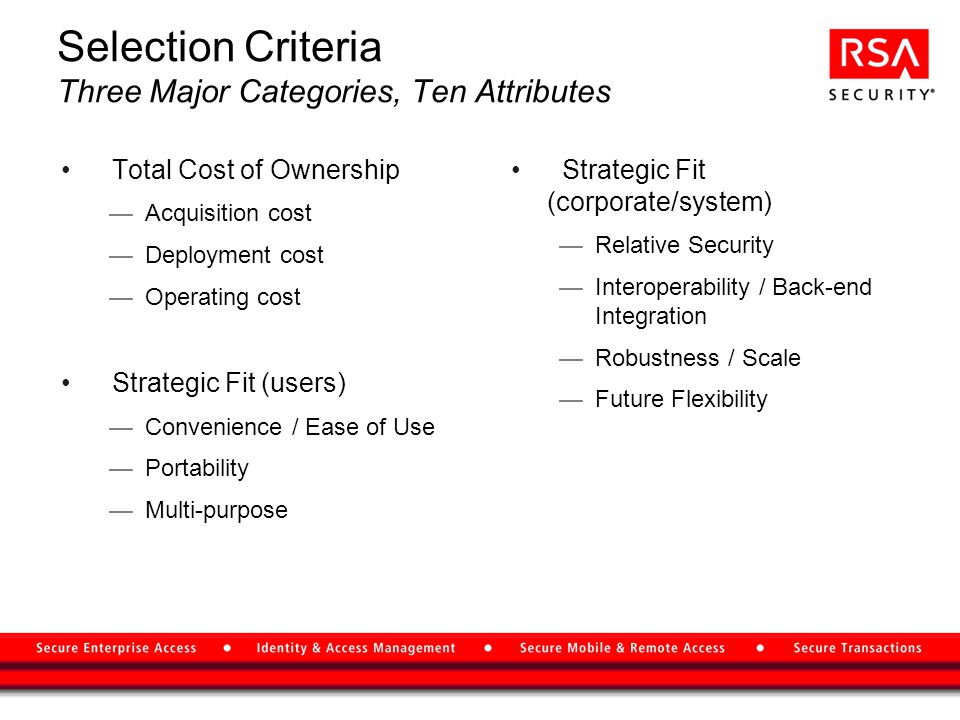 Selection Criteria Three Major Categories, Ten Attributes Total Cost of Ownership —Acquisition cost —Deployment cost —Operating cost Strategic Fit (users) —Convenience / Ease of Use —Portability —Multi-purpose Strategic Fit (corporate/system) —Relative Security —Interoperability / Back-end Integration —Robustness / Scale —Future Flexibility