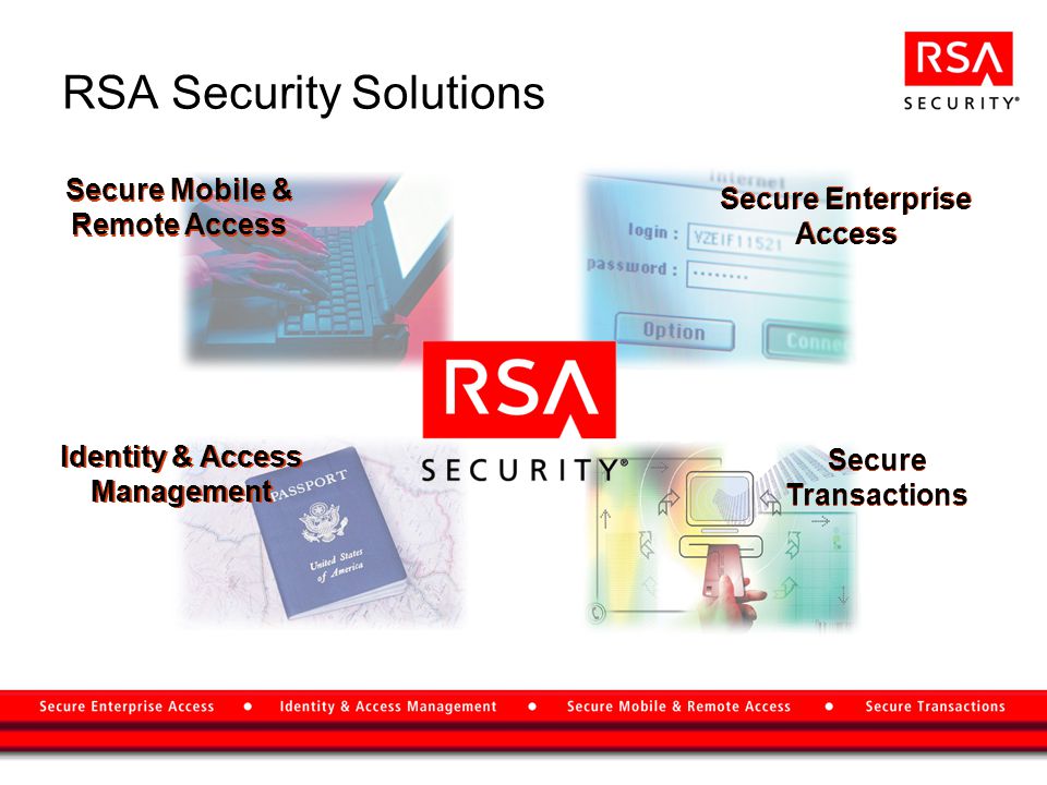 RSA Security Solutions Secure Mobile & Remote Access Secure Enterprise Access Secure Transactions Identity & Access Management