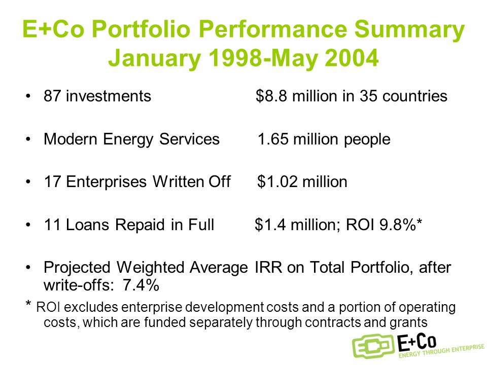 E+Co Portfolio Performance Summary January 1998-May investments $8.8 million in 35 countries Modern Energy Services 1.65 million people 17 Enterprises Written Off $1.02 million 11 Loans Repaid in Full $1.4 million; ROI 9.8%* Projected Weighted Average IRR on Total Portfolio, after write-offs: 7.4% * ROI excludes enterprise development costs and a portion of operating costs, which are funded separately through contracts and grants