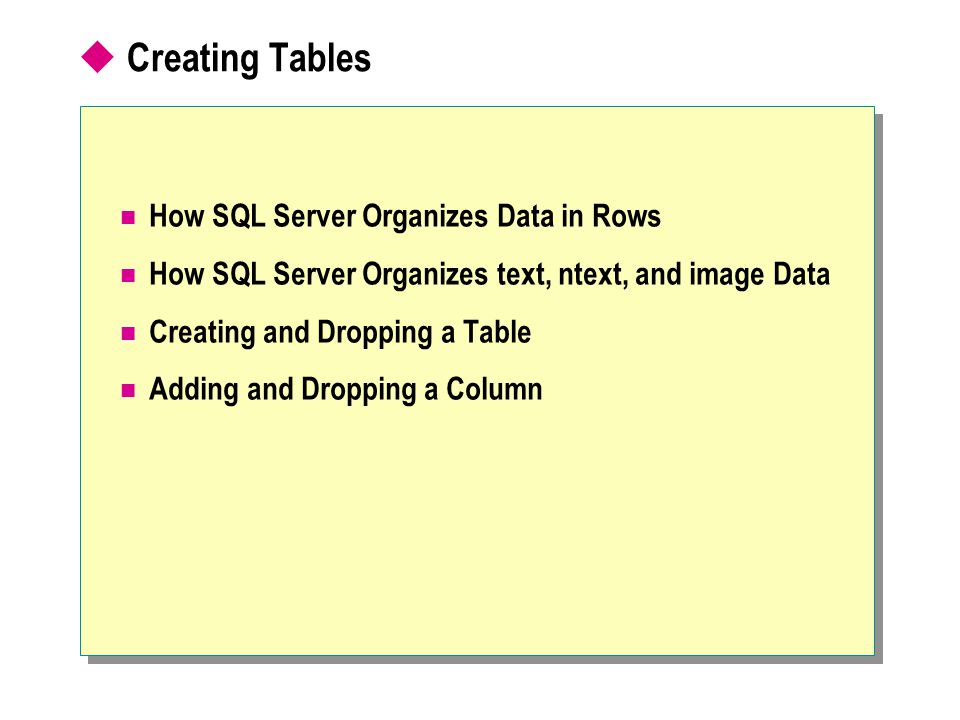  Creating Tables How SQL Server Organizes Data in Rows How SQL Server Organizes text, ntext, and image Data Creating and Dropping a Table Adding and Dropping a Column