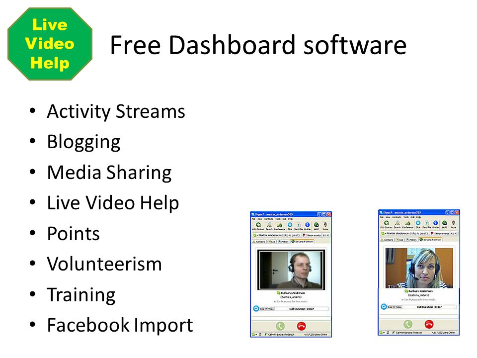 Free Dashboard software Activity Streams Blogging Media Sharing Live Video Help Points Volunteerism Training Facebook Import Live Video Help