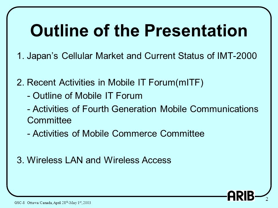2 Outline of the Presentation 1. Japan’s Cellular Market and Current Status of IMT