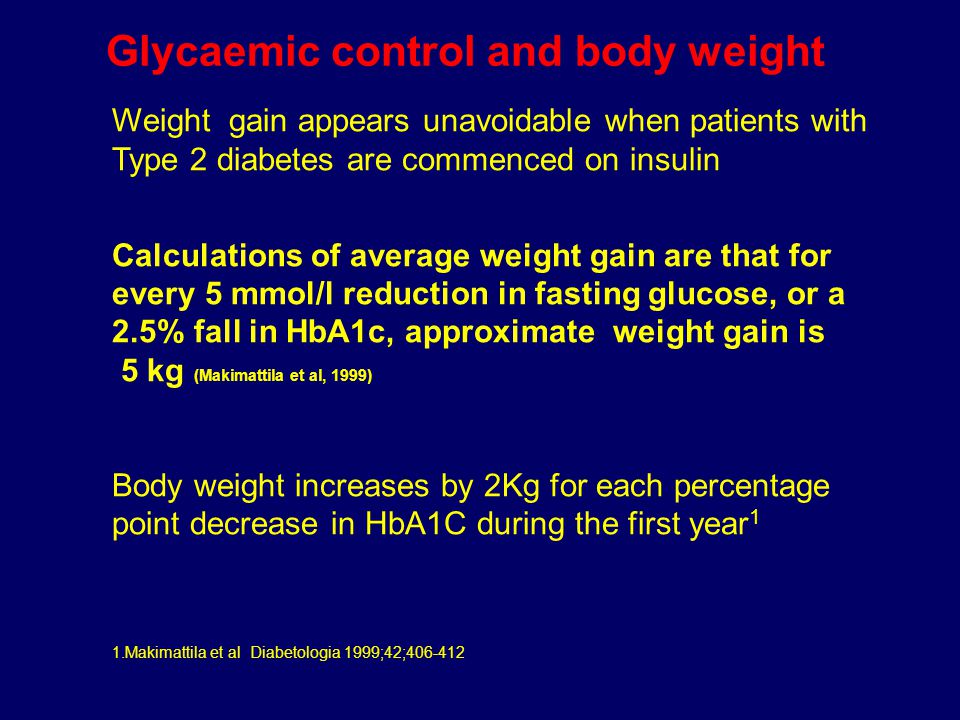 Glycaemic control and body weight Weight gain appears unavoidable when patients with Type 2 diabetes are commenced on insulin Calculations of average weight gain are that for every 5 mmol/l reduction in fasting glucose, or a 2.5% fall in HbA1c, approximate weight gain is 5 kg (Makimattila et al, 1999) Body weight increases by 2Kg for each percentage point decrease in HbA1C during the first year 1 1.Makimattila et al Diabetologia 1999;42;