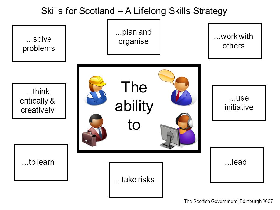 ...solve problems...plan and organise...work with others...think critically & creatively...use initiative...lead...to learn...take risks The ability to The Scottish Government, Edinburgh 2007 Skills for Scotland – A Lifelong Skills Strategy