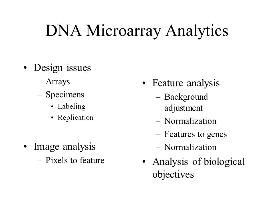 DNA Microarray Analytics Design issues –Arrays –Specimens Labeling Replication Image analysis –Pixels to feature Feature analysis –Background adjustment –Normalization –Features to genes –Normalization Analysis of biological objectives