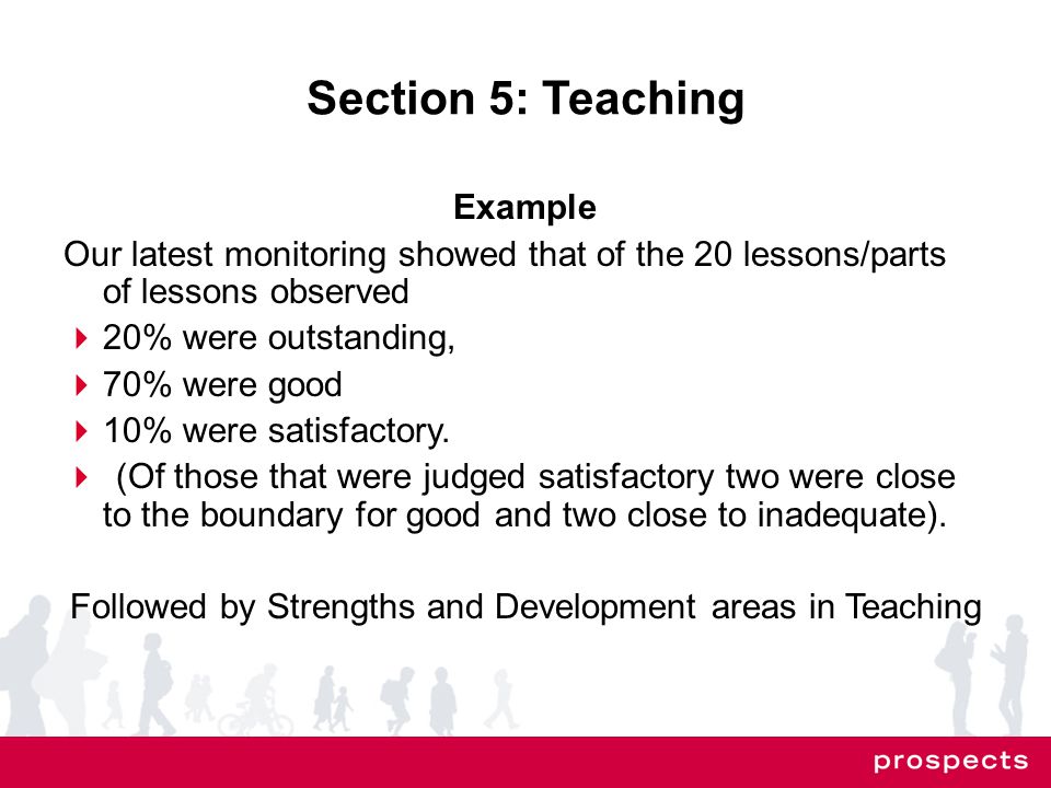 Section 5: Teaching Example Our latest monitoring showed that of the 20 lessons/parts of lessons observed  20% were outstanding,  70% were good  10% were satisfactory.