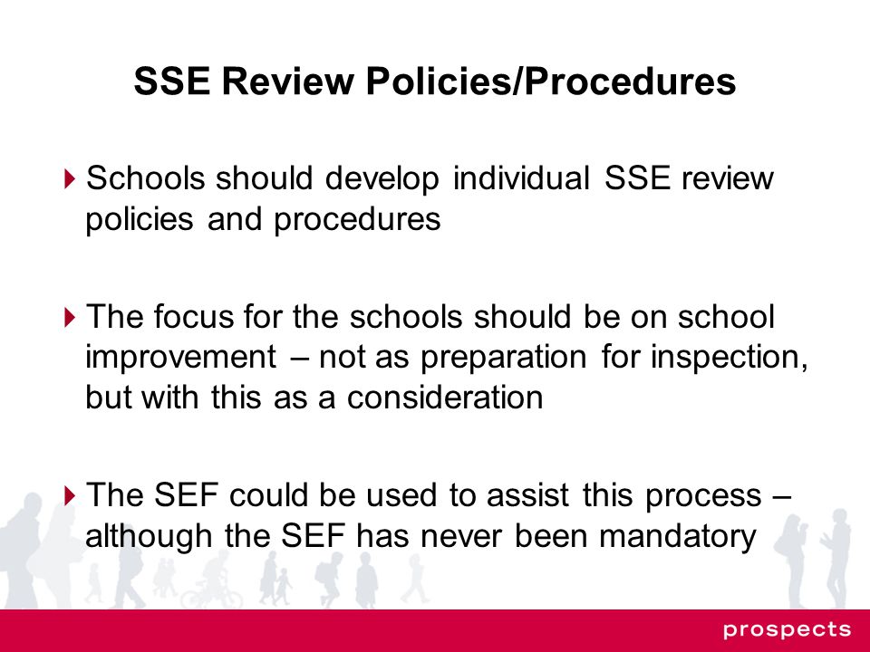 SSE Review Policies/Procedures  Schools should develop individual SSE review policies and procedures  The focus for the schools should be on school improvement – not as preparation for inspection, but with this as a consideration  The SEF could be used to assist this process – although the SEF has never been mandatory